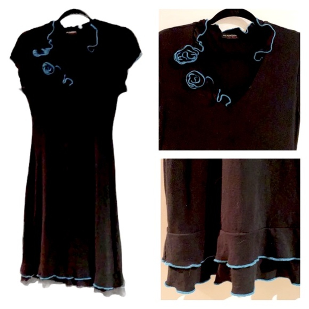 LUC FONTAINE Designer Black Dress!!! Turquoise Roses & Trim!!!
